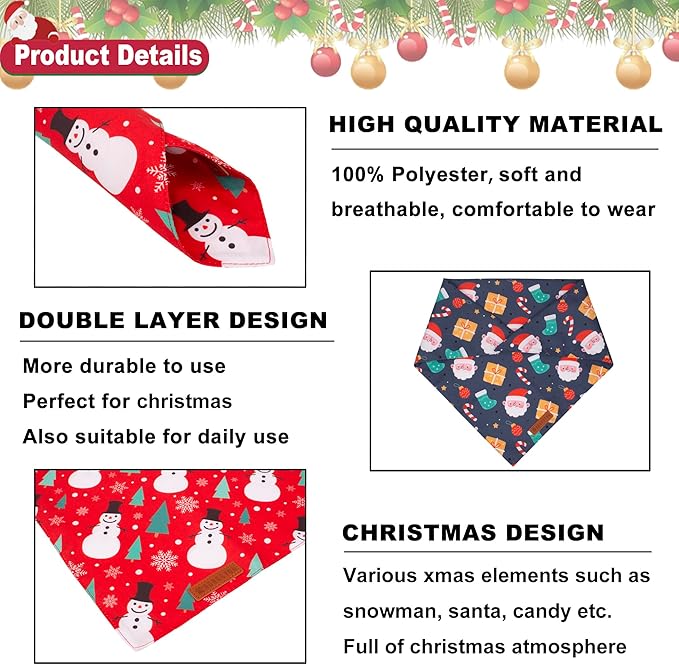 ADOGGYGO Christmas Dog Bandana, Snowman Santa Pet Scarf, Premium Durable Fabric, Adjustable Fit Christmas Bandanas for Small Dogs Pets (Small)