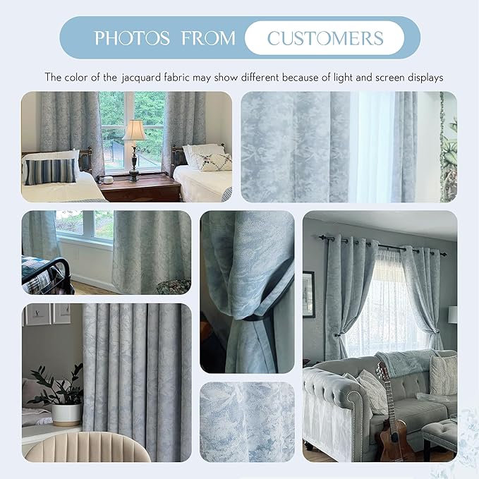 Beauoop Blue Floral Jacquard Blackout Curtains 63 Inches Long 2 Panels for Bedroom Living Room Chenille Flower Room Darkening Thermal Insulated Soundproof Grommet Window Treatments Drapes, 52x63