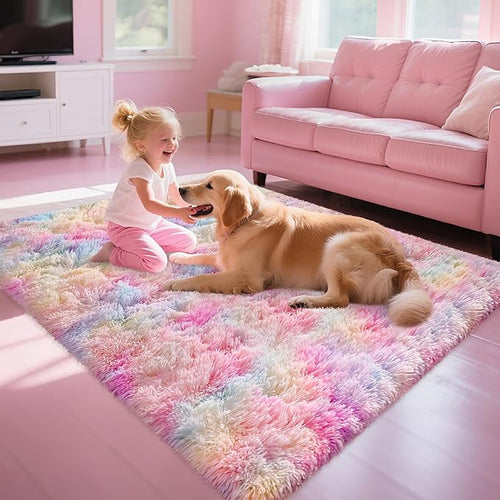 4x6 Soft Fluffy Unicorn Rainbow Rug for Girls Bedroom Kids Colorful Plush Area Rugs Cute Floor Carpets Shaggy Playing Mat for Kids Baby Girls Room Nursery Home Decor