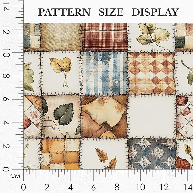 Patchwork Cotton Fabric Panel 61 x 36.6 Inches, Autumn Leaves Quilt Style Pattern, Rustic Brown Beige Blue Design, 100% Cotton 140 GSM