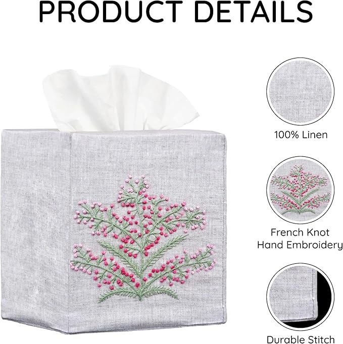 EmbroideryLinen.VN Tissue Box Cover Set of 2, Square Linen Tissue Holder, French Knot Hand Embroidered Floral Design, 4.5x4.5x5.5 Inches, Decorative Holder for Bathroom, Living Room, Office (Grey)