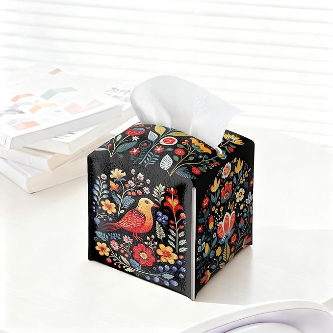 Black Tissue Box Holder, Floral Bird Leather Tissue Box Cover Square with Bottom Belt, Paper Napkins Everyday Dispenser for Bathroom Night Stands Kitchen Office Car Home Decor