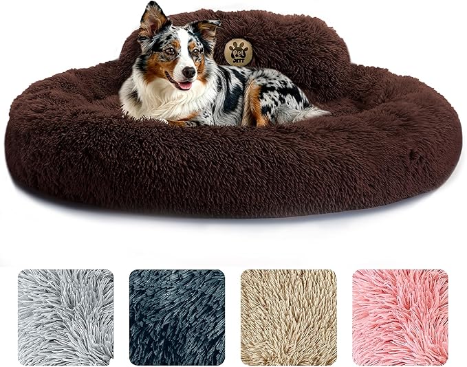 PetJett Calming Dog Beds Large Sized Dog - 36'' Round Bed, Anti-Slip & Washable Super Soft Donut Bed, Fluffy Faux Fur Anti-Anxiety Premium Comfort Pet Bed, Fits Dogs up to 80 lbs - Brown