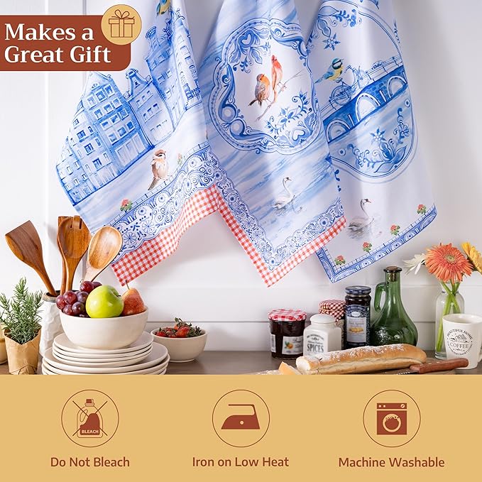 Maison d'Hermine Kitchen Towels Set of 3 100% Cotton 27.50" x 20" Reusable Cloth Tea Dish Towels Absorbent with Hanging Loop for Kitchen,Home,Dining,Cocktail Parties Spring/Summer (Amsterdam Canals)
