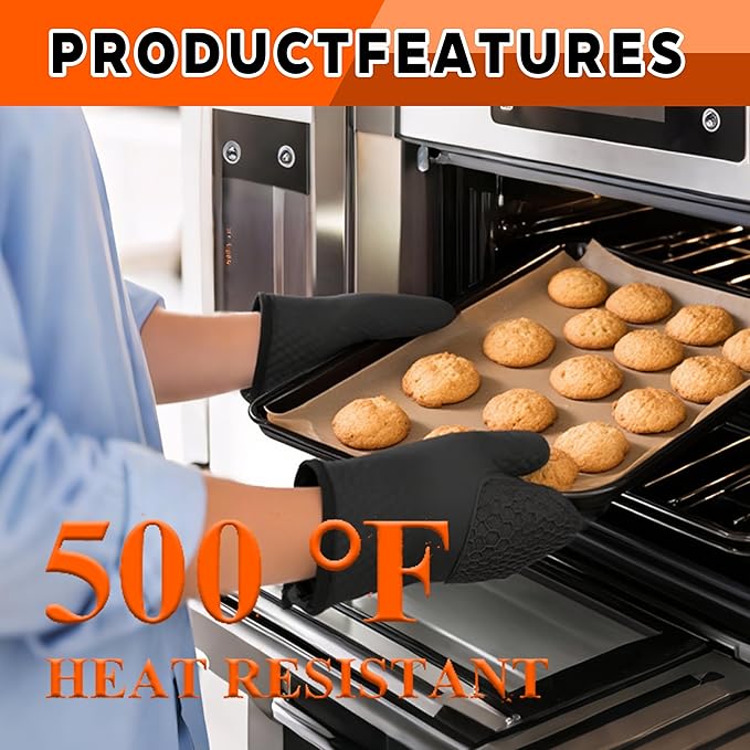 1 Pair Silicone Oven Mitts, Heat Resistant to 500°F, BPA-Free, Waterproof Oven Gloves with Quilted Cotton Lining, Non-Slip Grip for Cooking, Baking, Grilling (Black)