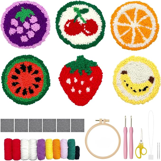 Punch Needle Coaster Kit for Adults Beginners, Easy Punch Embroidery Starter Set with Instructions – Fun Mug Rug Making Kit for Table Decor & Festival DIY Gifts (6pcs Cute Fruits)