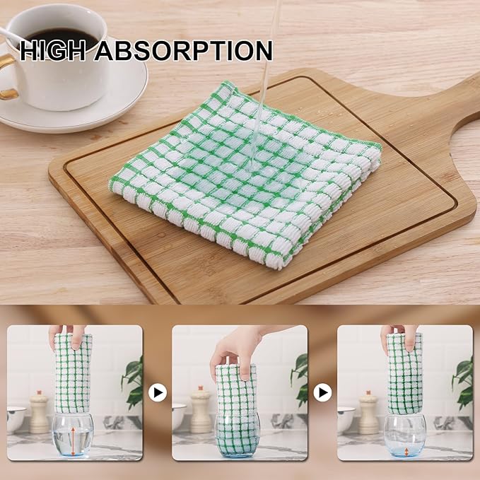 Kitinjoy Cotton 12 Pack Terry Kitchen Dish Cloths, 12 x 12 Inches Super Soft and Absorbent Dish Rags, Quick Drying Dish Towels for Washing Dishes, Green