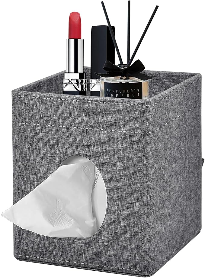 XNONE Tissue Box Cover with Storage Tray Square Tissue Box Holder PU Leather Facial Tissues Organizer Tray for Bathroom Vanity Bedroom Office Car,Stylish Napkin Caddy Decorative Organizer (Grey)