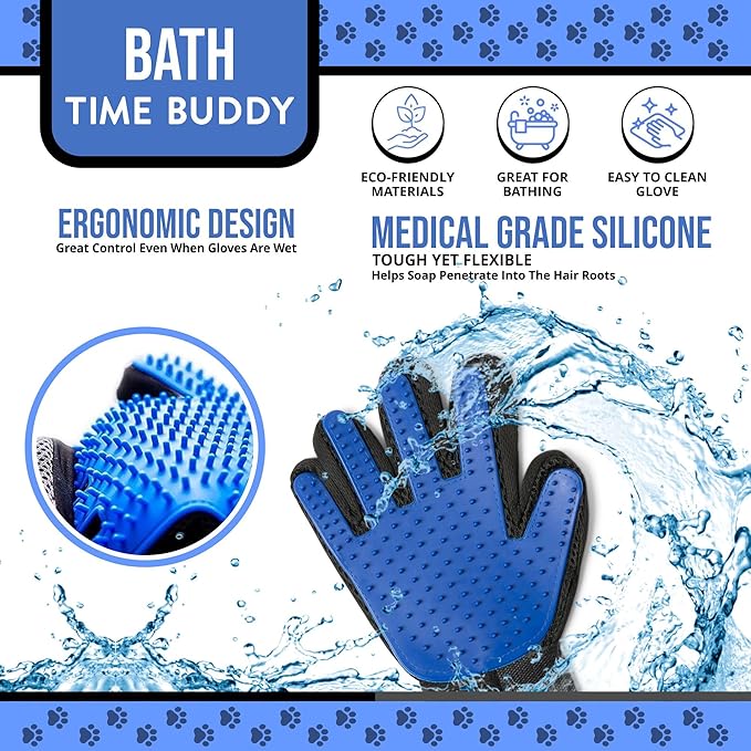 HappiTails Pet Grooming Glove & Dog Bath Brush Set – Deshedding Gloves for Cats & Dogs + Silicone Scrubber – Grooming Mitts for Bath, Shedding & Massage – Blue
