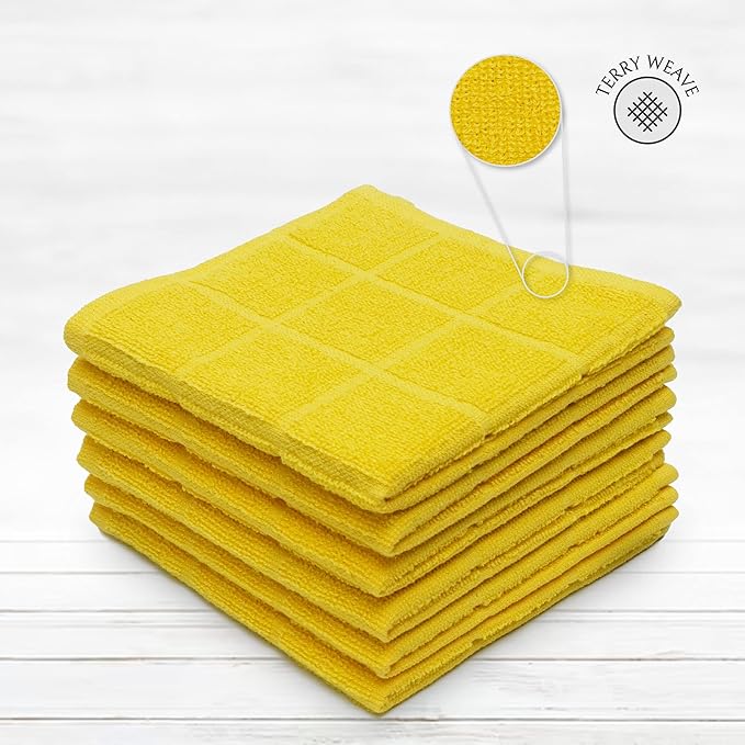 Mellow Buff 100% Cotton Terry Dish Cloth & Dish Towel, 6 Pack, Super Soft and Absorbent Kitchen Towels, Perfect for Kitchen Cleaning and Dish Washing (Yellow 6 Pack)
