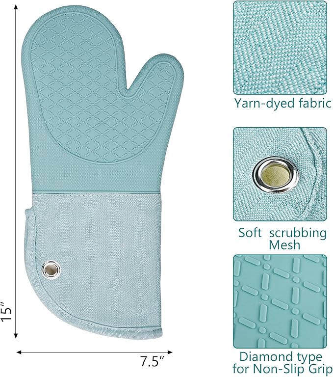 Professional Microwave Silicone Oven Mitts one Pair, Kitchen Mitten Set for Heat Resistant with 500 Degrees, Kitchen Gloves Pot Holder for BBQ Cooking Baking (Light Blue)