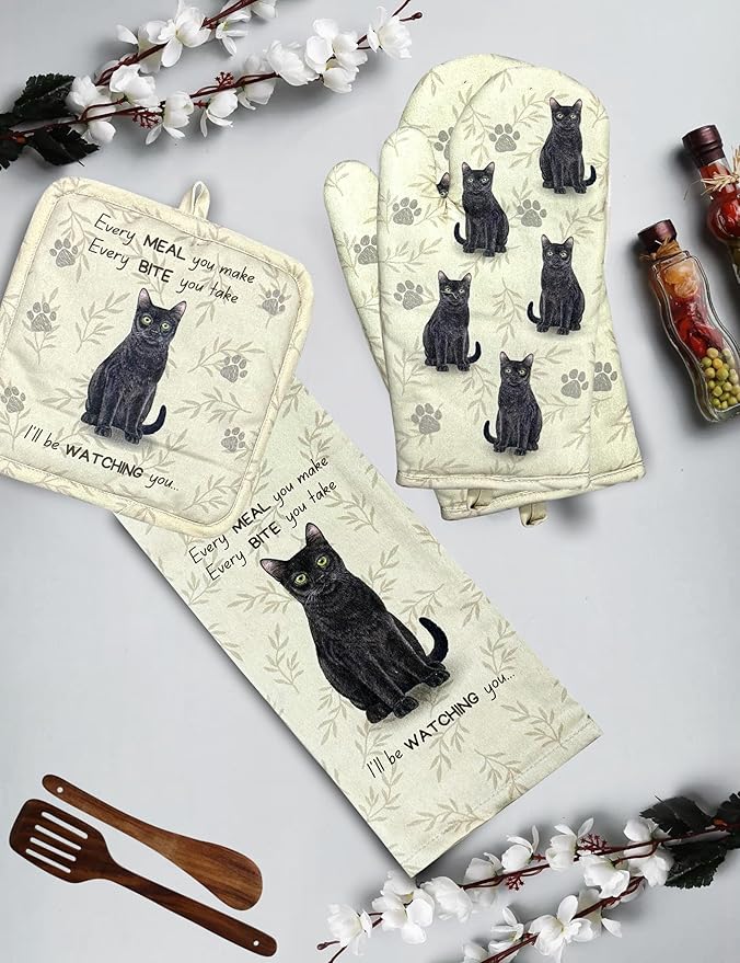 Black Cat 3-Piece Kitchen Set - Oven Mitt, Pot Holder & Kitchen Towel Set, Heat Resistant up to 420 F, Soft Quilted Cotton for Cooking, Baking, BBQ, Pet Lover Gifts (Black Cat)