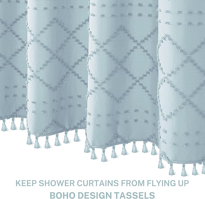 Siiluminisoy Extra Long Fog Blue Boho Shower Curtain - Woven Fabric, 72 x 84 Tufted Chevron Textured Striped Modern Farmhouse Minimalist Cloth Shower Curtain for Bathroom