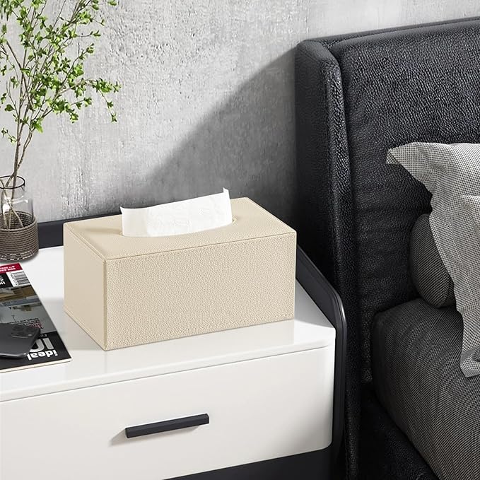 JLAMBOM Rectangle Tissue Box Cover for 120 to 160 Count Box of Tissues, PU Leather Tissue Holder with Magnetic Closure (Beige)