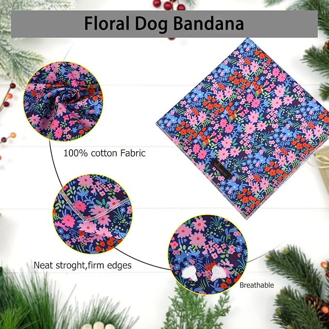 ARING PET Floral Dog Bandanas, Blue Pink Orange Flowers Pet Bandana Scarf Triangle Bibs for Puppy Small Medium Large Boy Girl Dogs Cats-S