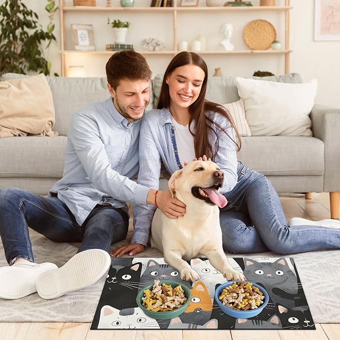 Eizlang Dog Cat Food Mat,12"x20" Inches Rapid Absorbent Pet Feeding Mat,Pets Placemat Water Bowl Mats with Rubber Backing,No Stains Cat Dog Feeding Mats Indoor,Pet Accessories Supplies,Cartoon Cats
