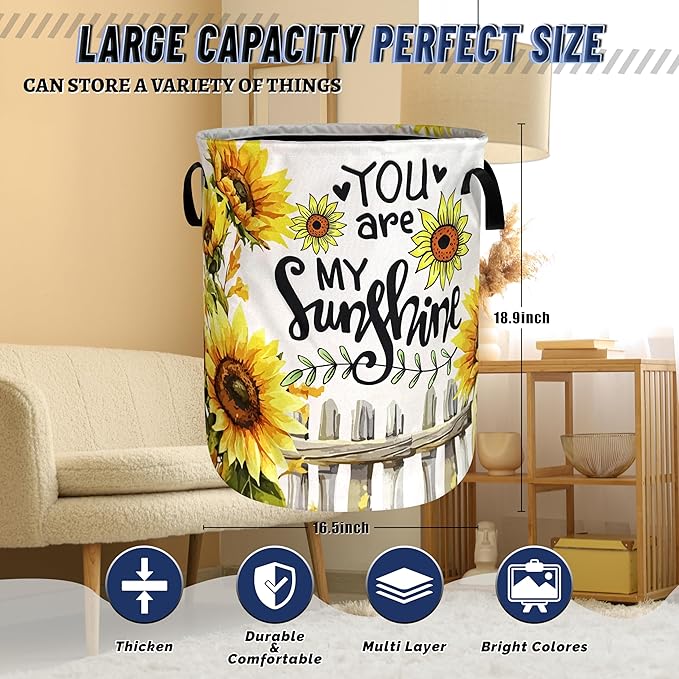 You Are My Sunshine Sunflower Laundry Basket Oxford Cloth Funny Laundry Hamper With Handle Portable Clothes Storage Basket Foldable Floral Laundry Bag 18.9"x16.5" For Laundry Room/Bedroom/Bathrooms