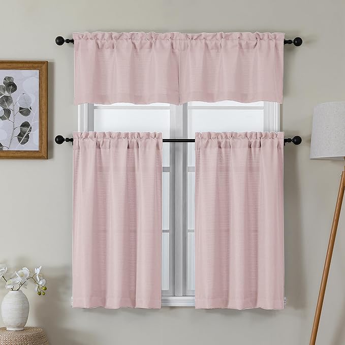 Lecloud Bessie Blush Pink Kitchen Curtains 24 Inch Length 2 Pcs, Faux Linen Textured Short Curtains for Small Windows, Light Filtering Tiers Window Treatments for Bedroom Bathroom, Each 30 W x 24 L