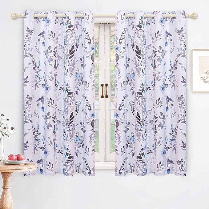 MYSKY HOME Curtains for Bedroom Blue Floral Blackout Curtains 63 inch Long 2 Panels for Living Room Darkening Curtains Thermal Insulated Vintage Painting Flower Leaf Grommet Top Drapess