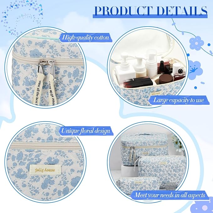 Zeyune 3 Pcs Makeup Bag Quilted Cosmetic Bags Large Floral Makeup Bag Set for Women Cotton Flower Travel Toiletry Storage Cute with Zipper for Women Mom Birthday Gift Home Bathroom(Blue Flower)