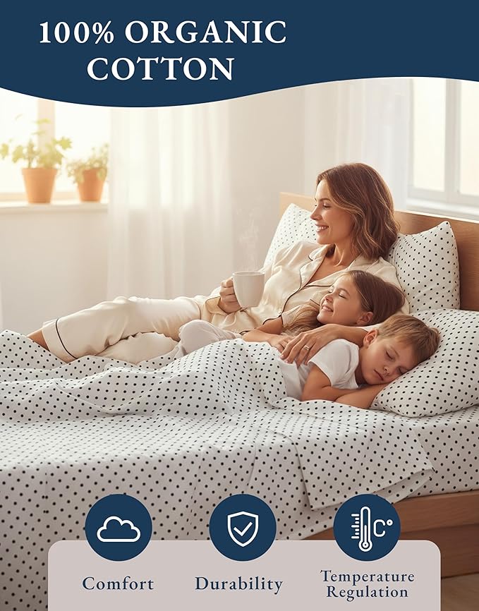 LANE LINEN 100% Organic Cotton Twin Sheets Set - 3 PC Bedding Sheets & Pillowcases - Breathable & Cooling Bed Sheets - Deep Pocket up to 15", Sheets for Twin Size Bed: Polka Dot (Black)