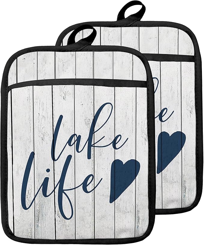 Lake Life Gifts Pot Holders with Pockets, Lake Life House Gifts for Women Oven Pot Holders Heat Resistant Oven Mitts Hot Pads for Kitchen Baking Cooking