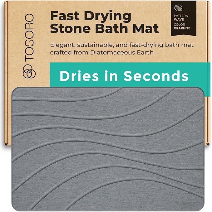TOSORO - Stone Bath Mat, Diatomaceous Earth Non-Slip Stone Shower Mat - Quick Drying Absorbent Bath Mats for Bathroom - Elegant & Modern Design, Easy to Clean (23.5 x 15) - Graphite