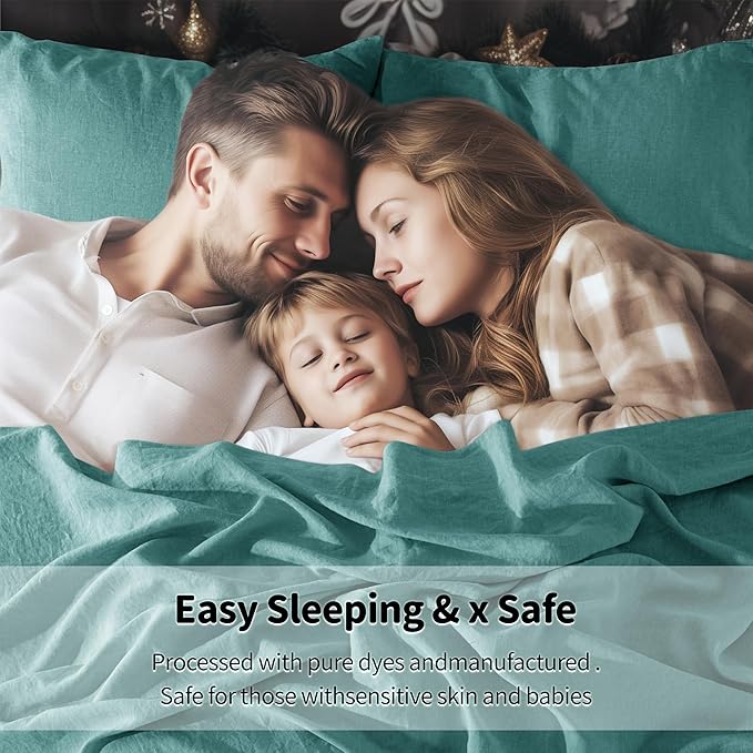LBRO2M 100% Linen Sheet Set King Size,Bed Sheets 4 Piece Sets,Solid Color Natural Flax Bed Sheets Soft Breathable Bedding,16" Deep Pocket,All Season (King, Aqua)