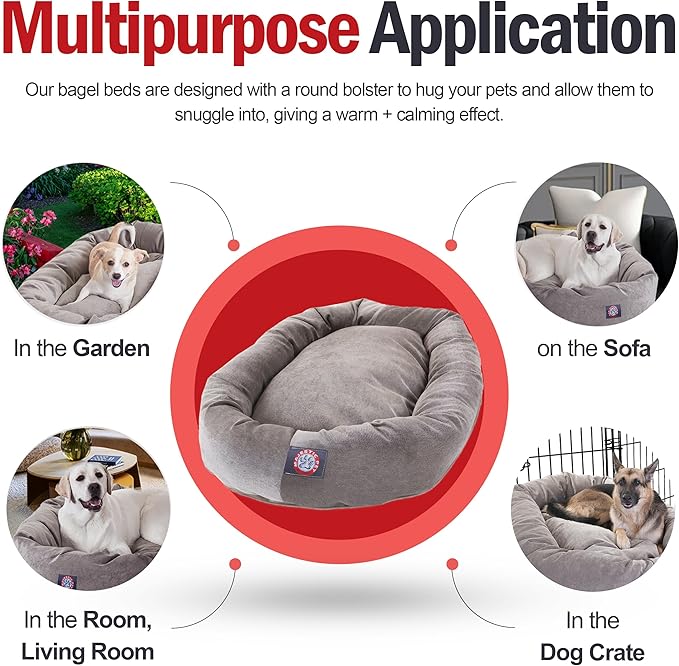 Majestic Pet 32 Inch Micro Velvet Calming Dog Bed Washable – Cozy Soft Round Dog Bed with Spine for Head Support - Fluffy Donut Puppy Mat 32x23x7 (inch) Medium – Pearl