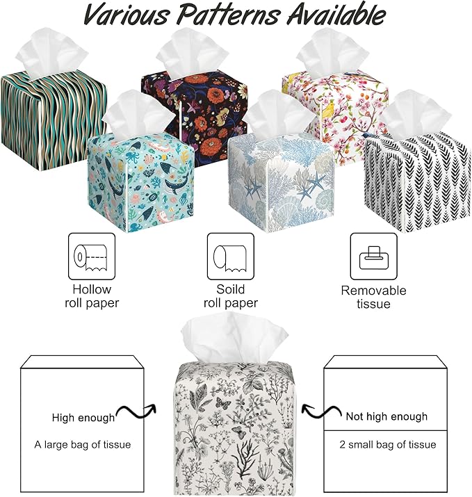 Vintage Wild Flowers Tissue Box Cover Square,Herbs Tissue Box Holder with Belt Bottom,Stylish Leather Napkin Holder for Vanity Countertop,Nightstands,Office Desk,5.2"×5.2"×5.2"