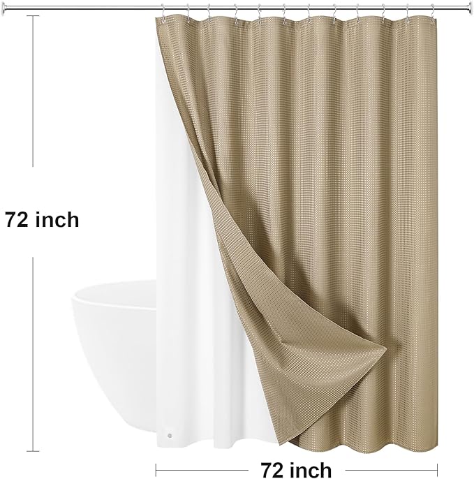 Craidlela 3 in 1 Shower Curtain Set, Beige Waffle Shower Curtain and PEVA Liner Set with 12 Stainless Steel Shower Curtain Hooks, Tan Waterproof Fabric Shower Curtains for Bathroom, 72 W x 72 H