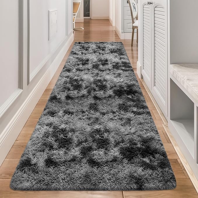 3x10ft Plush High Pile Black Tie-Dyed Rug Fluffy Soft Runner Bedside Rug for Bedroom Living Room Hallway Nursery Kids Home Decor Shag Carpet