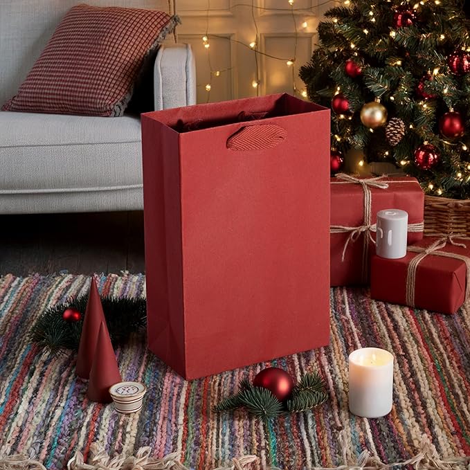 Prime Line Packaging Red Gift Bags with Handles, Mini Kraft Paper Goodie Bags for Christmas, Holiday, Treats, Wrapping, Shopping, Party Favors, Bulk, 6x3x9, 50 Pack