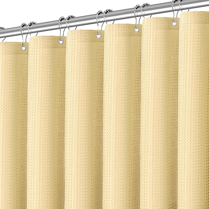 84 inch Long Shower Curtain Waffle Textured Beige Fabric Shower Curtains, 256GSM Heavy Duty Weighted Shower Curtains, Hotel Quality Luxury Polyester Bathroom Curtain with 12 Hooks
