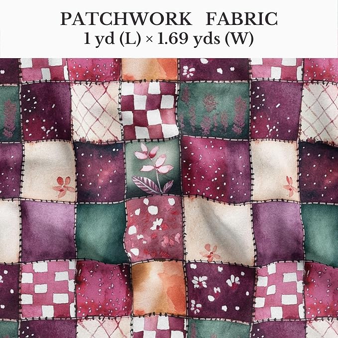 Plum Garden Patchwork Cotton Fabric – Elegant Burgundy & Green Patchwork Print Cotton 140 GSM, Panel 61 x 36.6 Inches, Pre-Cut Sewing Fabric Panel for Quilting, Crafts & Home Decor (USA Size)