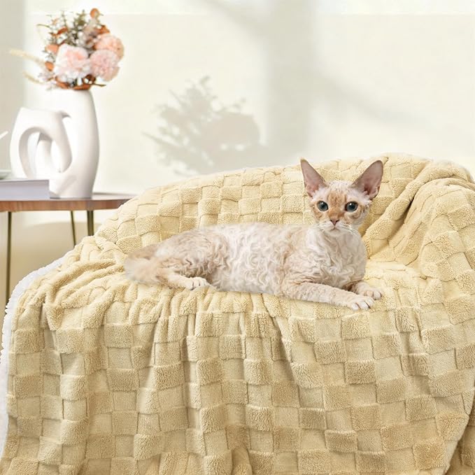 Luciphia Waterproof Dog Blanket for Large Dogs Washable Soft Sherpa Fleece Cat Blankets with 3D Jacquard Cozy Calming Reversible Bed Couch Protector Furniture Protection for Pet,Beige White,85x57 inch