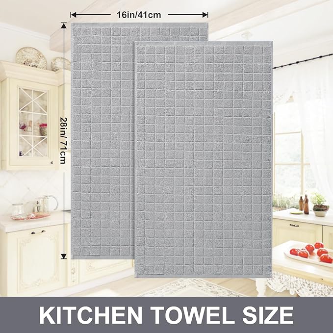 Homaxy Premium Cotton Kitchen Towels 16"x 28", Large Natural Ring Spun 390 GSM Dish Towels, Super Absorbent Terry Kitchen Hand Towels, Soft Tea Towels with Hanging Loop, Pure Light Grey Design, 8 Pack