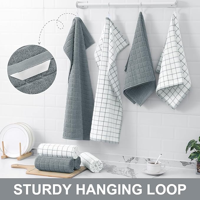 Homaxy Premium Cotton Kitchen Towels 16"x 28", Large Natural Ring Spun 390 GSM Dish Towels, Super Absorbent Terry Kitchen Hand Towels, Soft Tea Towels with Hanging Loop, Grey Check Design, 12 Pack