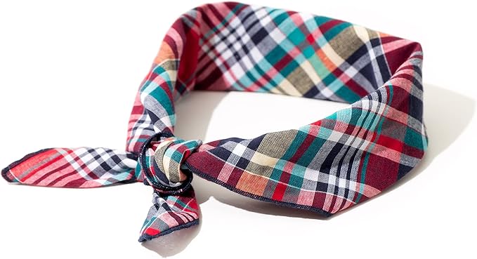 THE WORTHY DOG Classic Tie-On Dog Bandana – Soft Cotton Flannel Square Pet Bandana, Madras Plaid Classic Pattern, Red/Navy/Multicolored, Small