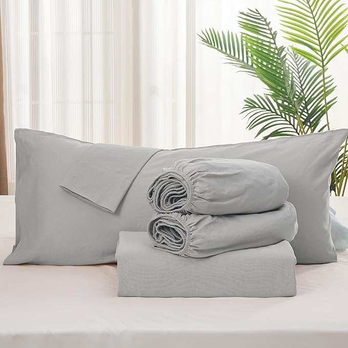 Simple&Opulence Belgian Linen Sheet Set Solid Color - 5 Pieces (1 Flat Sheet, 2 Fitted Sheets & 2 Pillowcases) Natural Flax Cotton Blend Soft Breathable Farmhouse Bedding - Split King Size, Grey