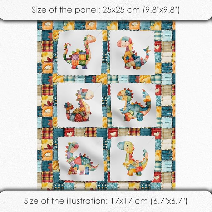 Patchwork Dinosaur Cotton Fabric Panel – 6 Designs (10×10 inch Each) + Bonus Sheet 29.5×19.6 inch, 100% Cotton 140 GSM, Made in Türkiye