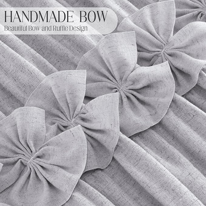 XOGUIBO Ruffle Shower Curtain with Handmade Bow Tie, Grey Linen Vintage Farmhouse Shower Curtain for Bathroom, 72" W x 72" H