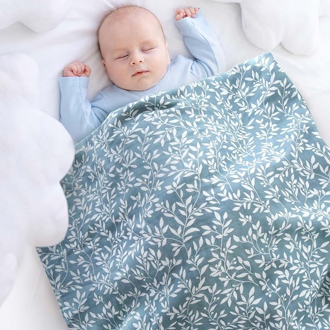 LifeTree Baby Swaddle Blankets, Boys Girls Muslin Swaddling Wrap Receiving Blanket for Newborn, 70% Viscose from Bamboo and 30% Cotton, Large 47" x 47", Blue Floral and Leaf