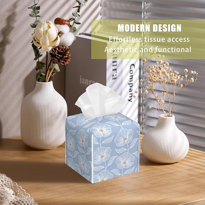 Leather Tissue Box Holder Blue Floral Tissue Box Cover Facial Paper Case Organizer Cube Napkin Dispenser for Bathroom Vanity Countertop Night Stand Office Car