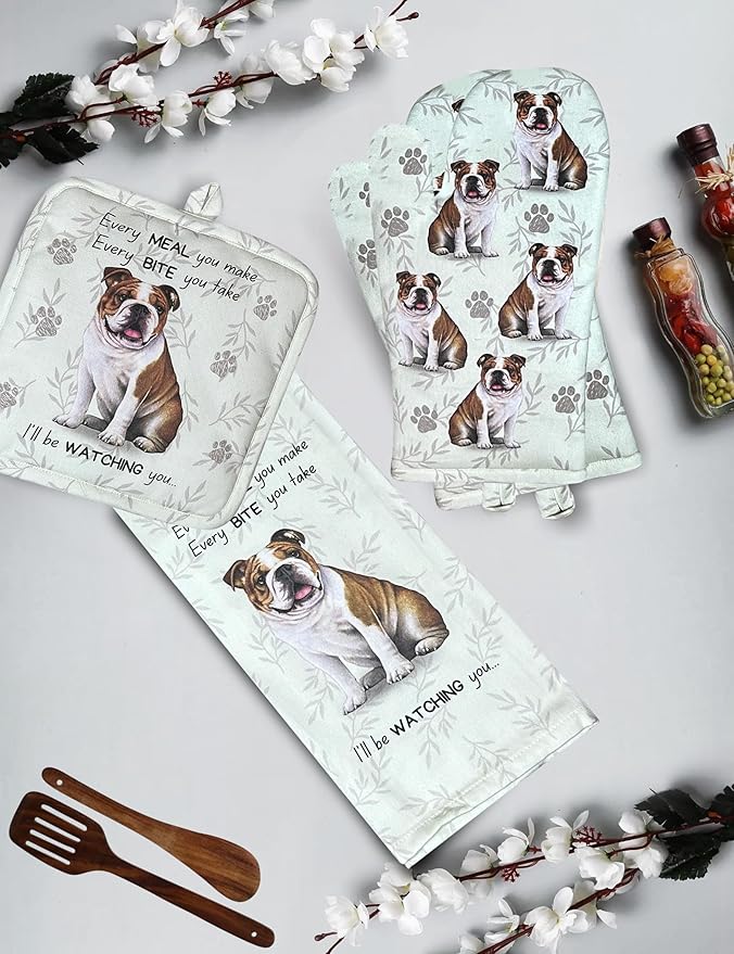 Bulldog 3-Piece Kitchen Set - Oven Mitt, Pot Holder & Kitchen Towel Set, Heat Resistant up to 420 F, Soft Quilted Cotton for Cooking, Baking, BBQ, Pet Lover Gifts (Bulldog)