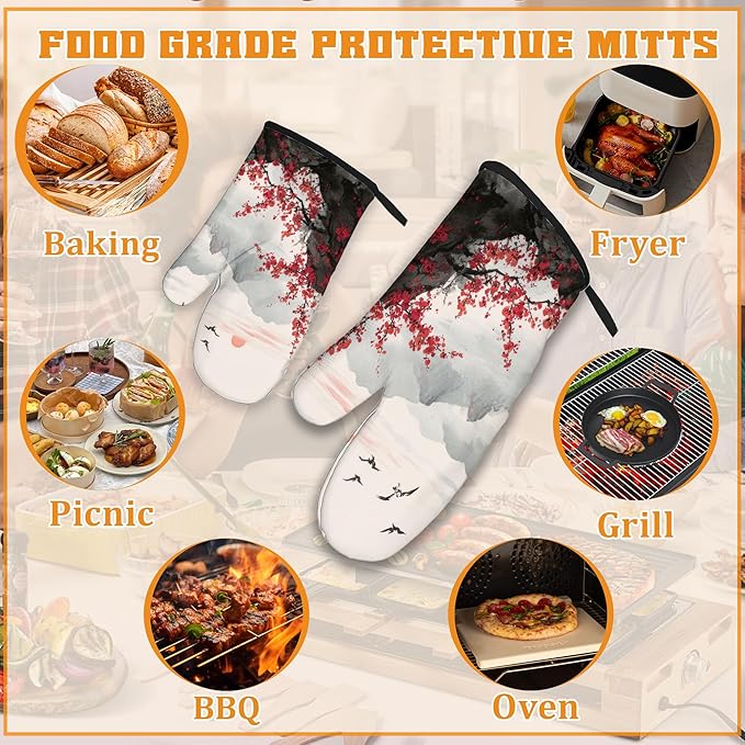 Cherry Blossom Moutain Oven Mitts and Pot Holders,Red Sun Japan Heat Resistant Oven Mitts Gloves and Pot Holder for Home Kitchen Decorations Cooking Baking BBQ Gifts,Set of 4