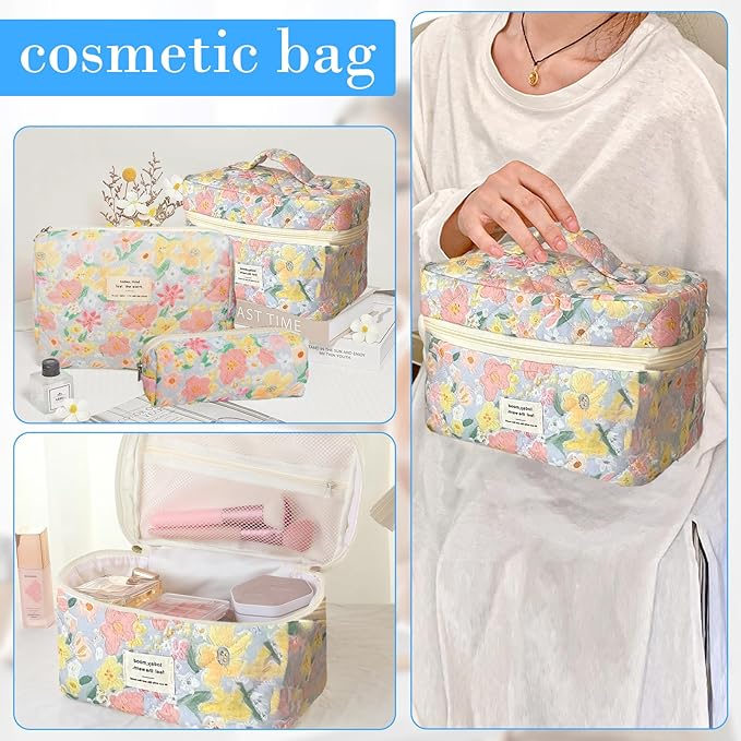 Cozomga Quilted Makeup Bag, Large Capacity Travel Cosmetic Bag for Women and Girls, Aesthetic Storage for Daily and Travel Use (3pcs-floweroilpainting Print)