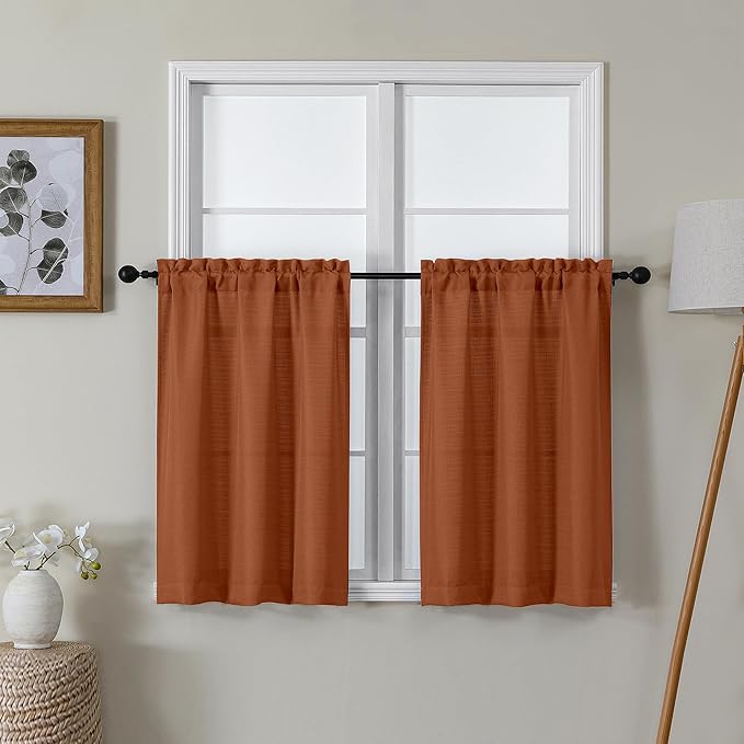 Lecloud Bessie Orange Kitchen Curtains 30 Inch Length 2 Pcs, Light Filtering Cafe Short Curtain Tiers, Dual Rod Pocket Window Treatments for Bedroom Basement Bathroom, Each 30 W x 30 L