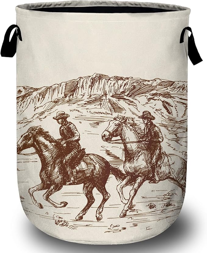 Western Desert Cowboy Laundry Basket with Sturdy Handles, Hand Drawn Collapsible Oxford Cloth Laundry Hamper Organizer Basket for Bathroom Bedroom 15.7x20 Inch
