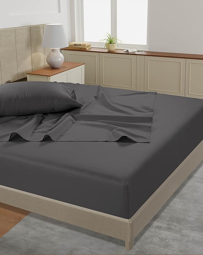 LANE LINEN Split King Cotton Sheets Sets for Adjustable Bed – 450 Thread Count Cooling Sateen Weave, Soft & Breathable, 15” Deep Pocket Fully Elasticized Fitted Sheet, Hotel Quality, Charcoal
